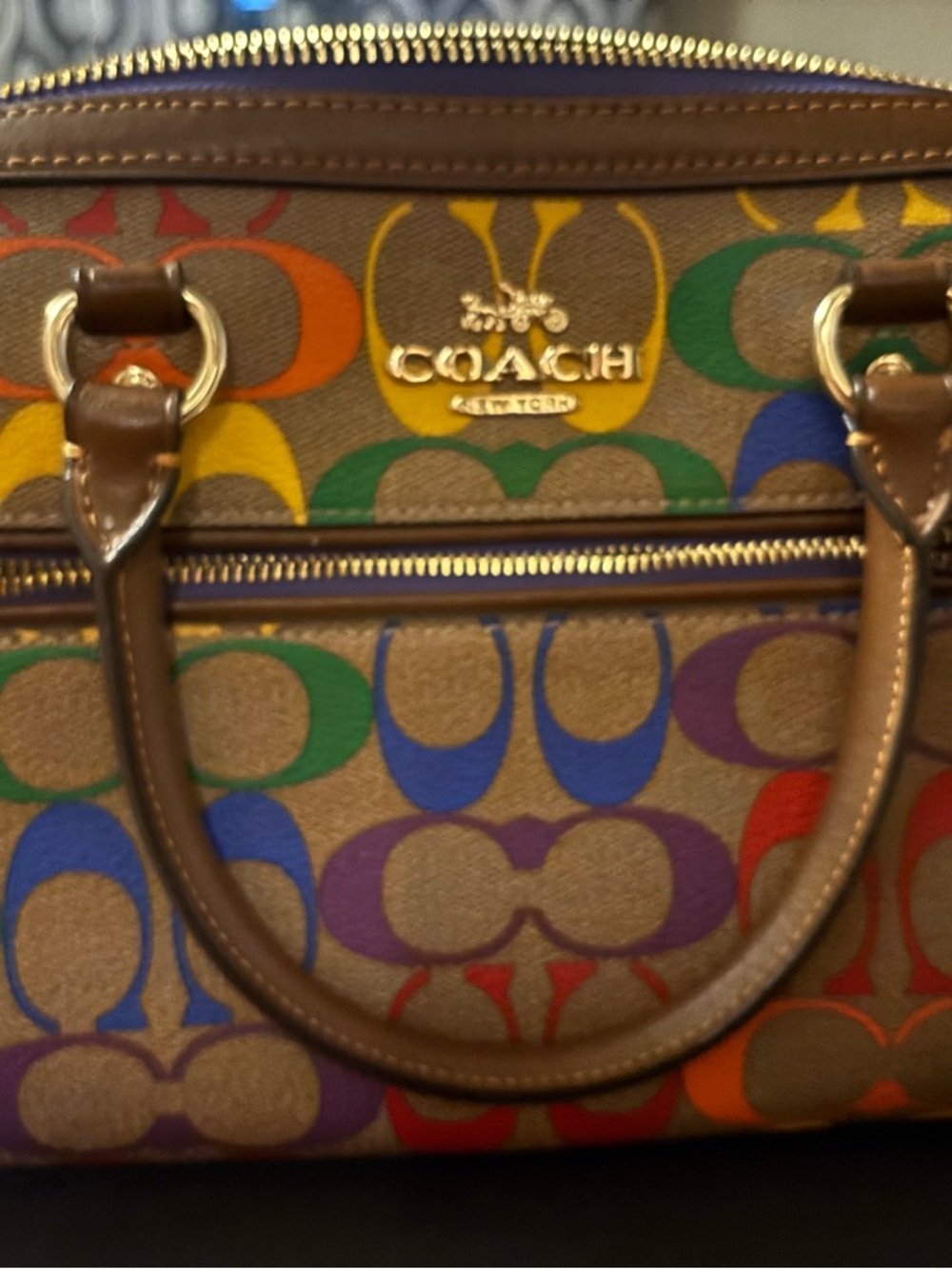Coach Multicolor Signature Canvas Satchel with Brown Trim and Gold Hardware